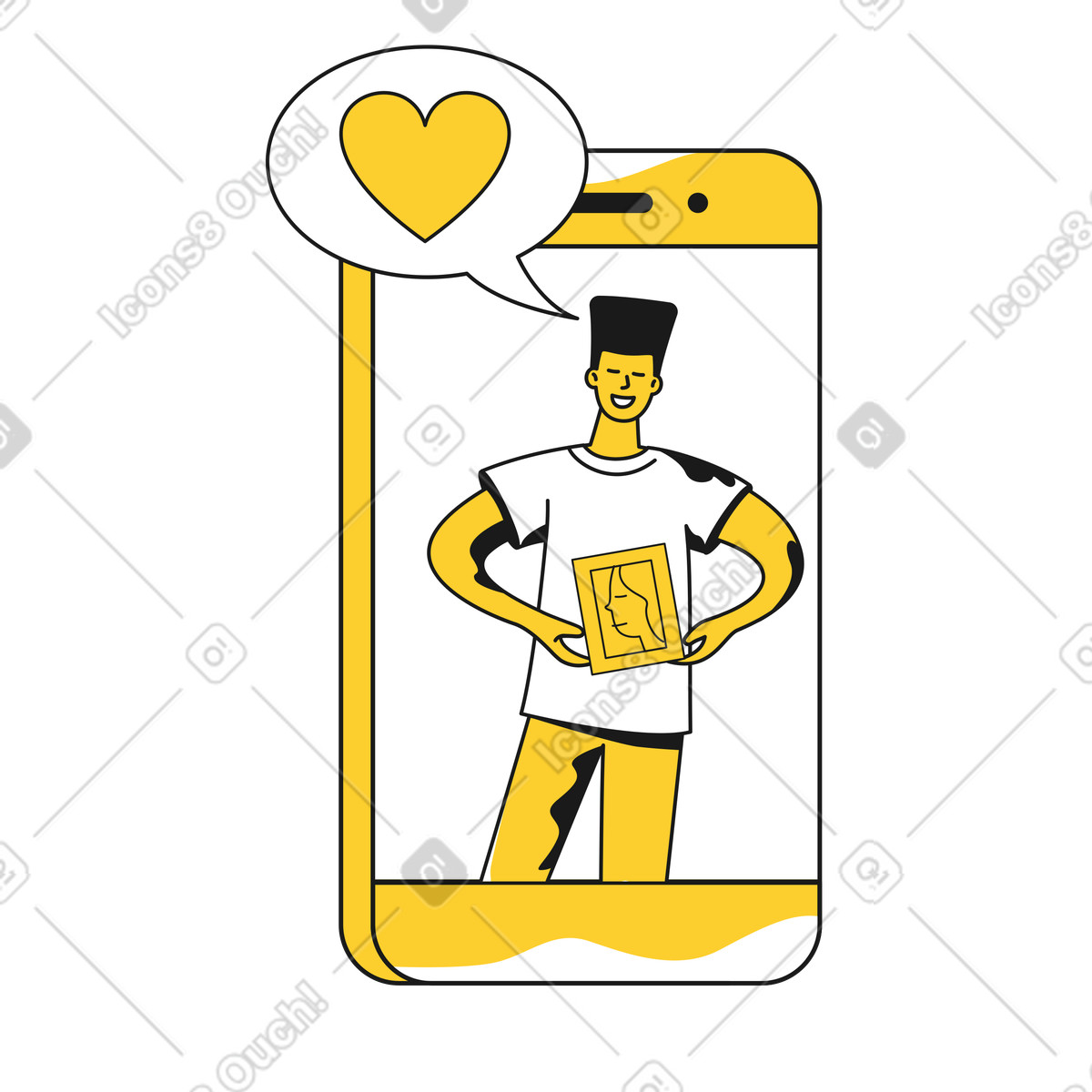 Un uomo che esprime il suo amore per una donna sullo smartphone illustrazione in stile Taxi scarica in PNG, SVG