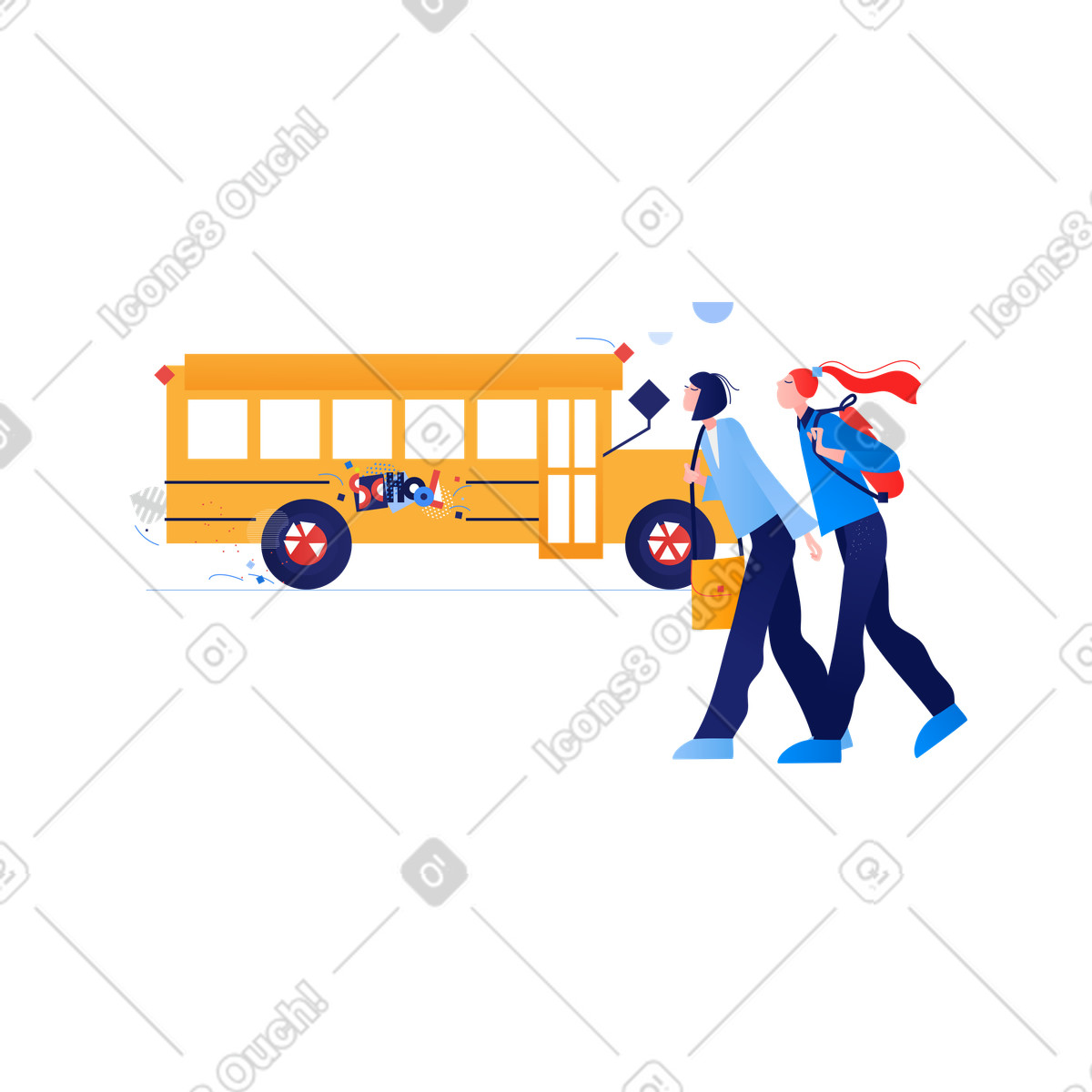 Ilustração de Mulheres jovens se aproximando um ônibus escolar em no estilo Clip para baixar em PNG, SVG