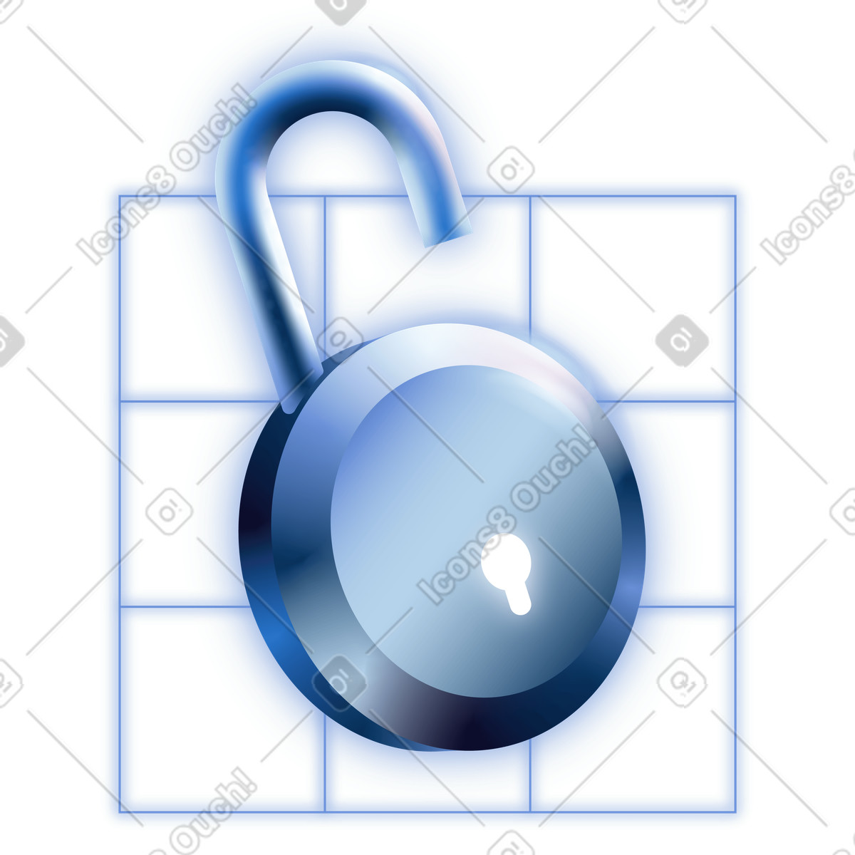 Ilustración Open padlock over grid pattern, data access and login success en estilo Dimension a descargar en PNG y SVG