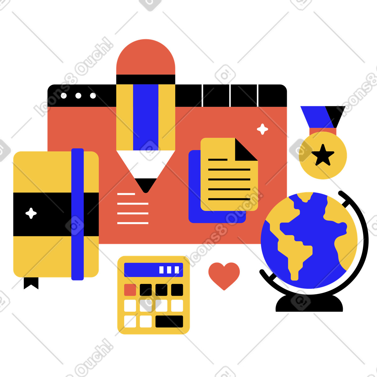Articoli di cancelleria per lo studio online, medaglia e finestra del browser illustrazione in stile Flat scarica in PNG, SVG