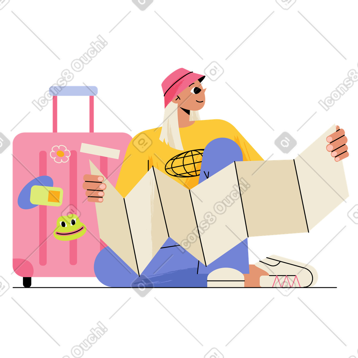 Juicy 스타일의 Tourist with suitcase studying route map, Trip navigation and finding 일러스트레이션 PNG, SVG 다운로드
