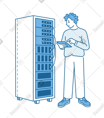 下载 但 Natty 风格的 服务器机架旁边的系统管理员 插画，支持 PNG、SVG 格式