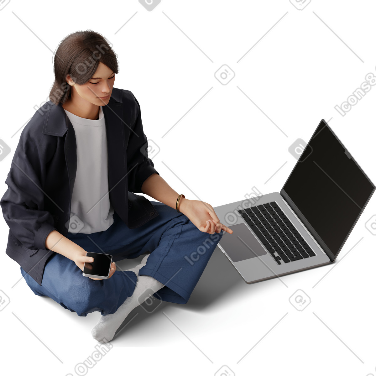 Isometric view of young woman meditating-Illustration im 3D Hygge-Stil als Download in PNG, SVG