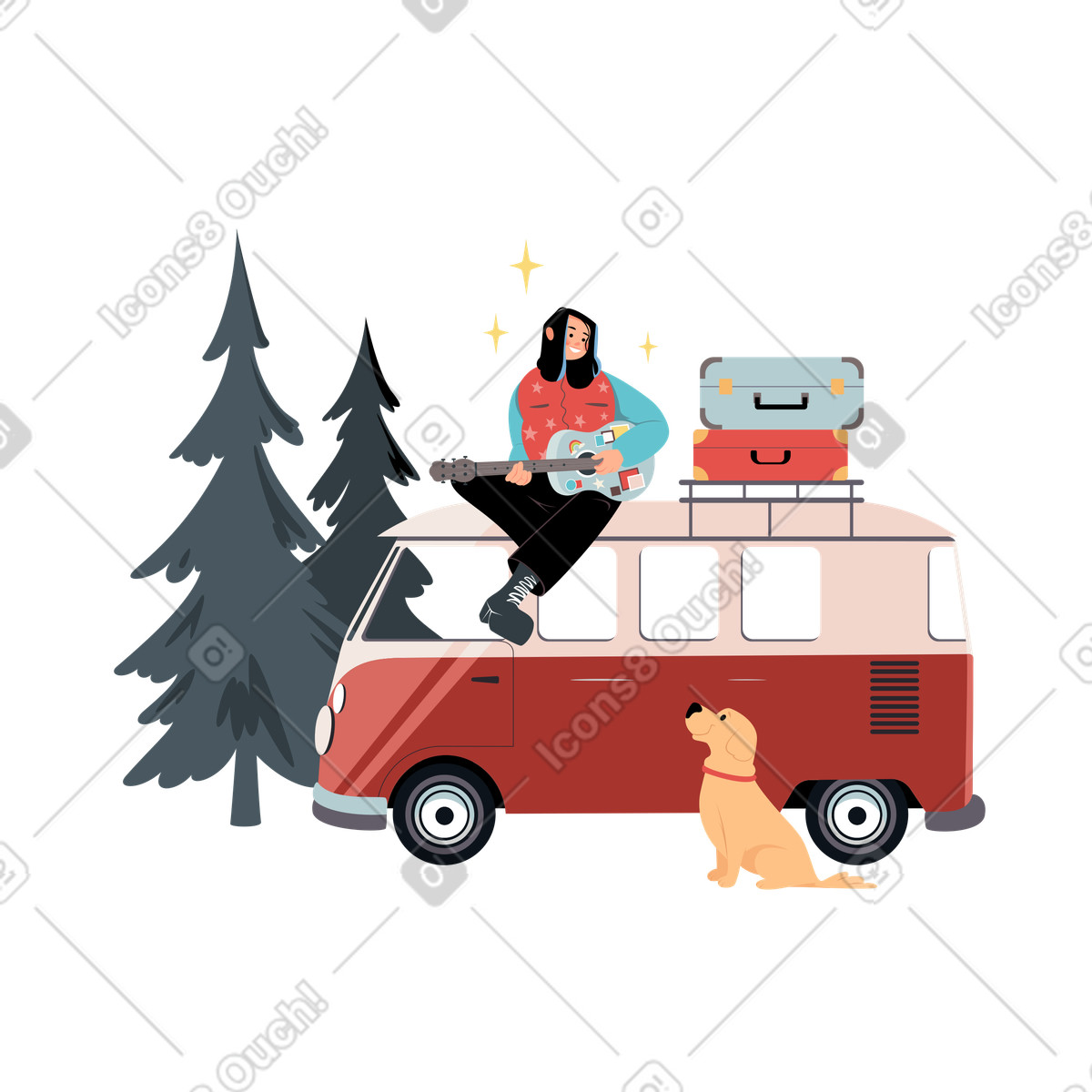 Illustration Fille avec guitare assise sur le toit du camping-car et regardant son chien dans style Lagom à télécharger aux formats PNG, SVG