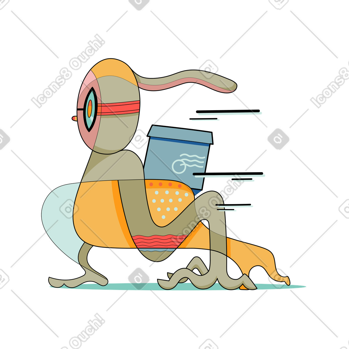 Illustration Whimsical delivery mascot running with package, Express shipping and logistics dans le style Surr à télécharger aux formats PNG, SVG