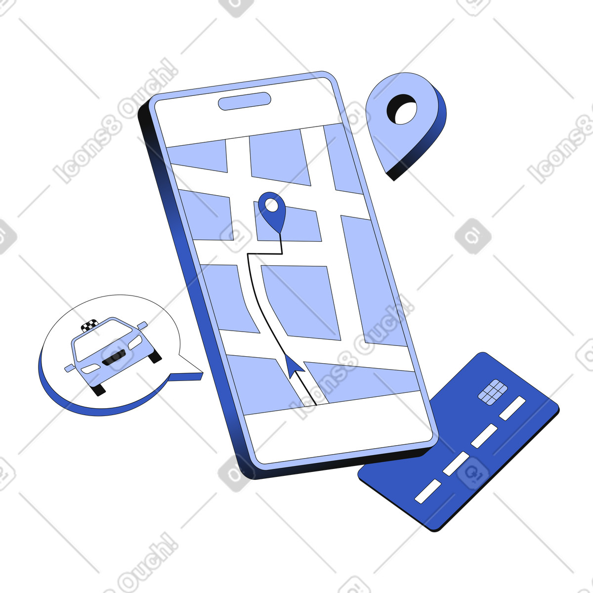 Illustration Application mobile avec un itinéraire de taxi dans le style Techny à télécharger aux formats PNG, SVG
