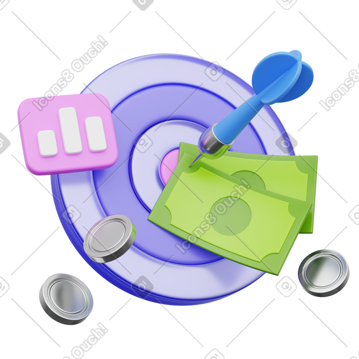 下载 3D Playful 风格的 Money target, Financial goal bullseye, Profit success 插画，支持 PNG、SVG 格式