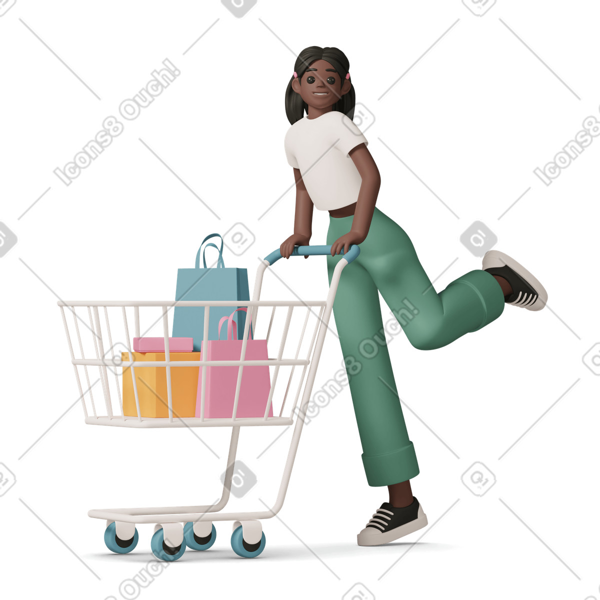 Black girl with shopping cart illustration in 3D Casual life style download in PNG, SVG