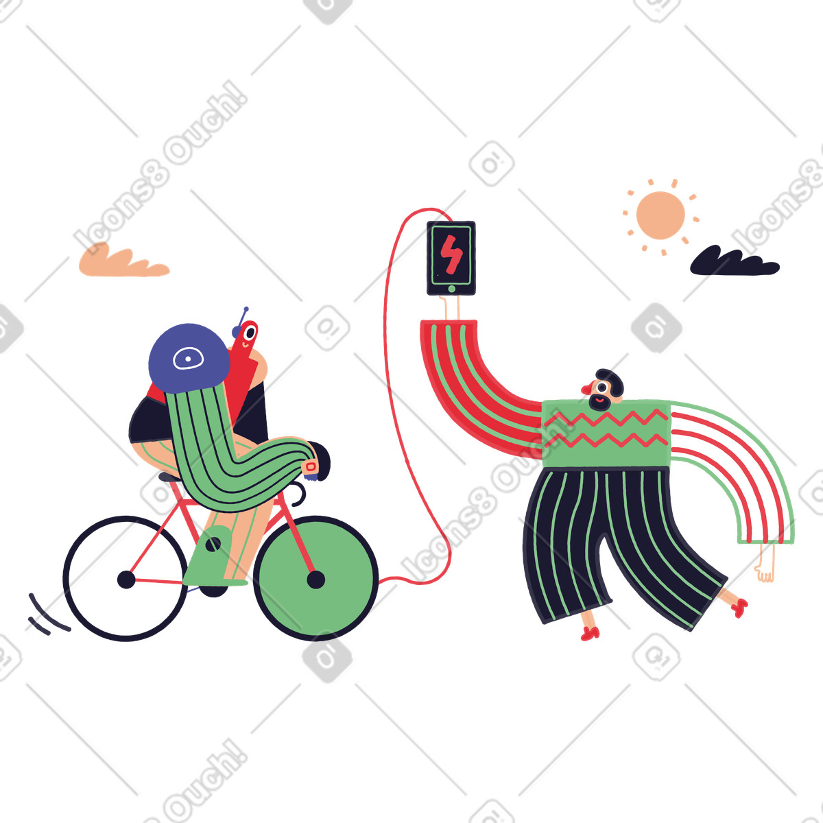 User charging mobile phone with bicycle power, Sustainable energy and green technology illustration in Stripy style download in PNG, SVG