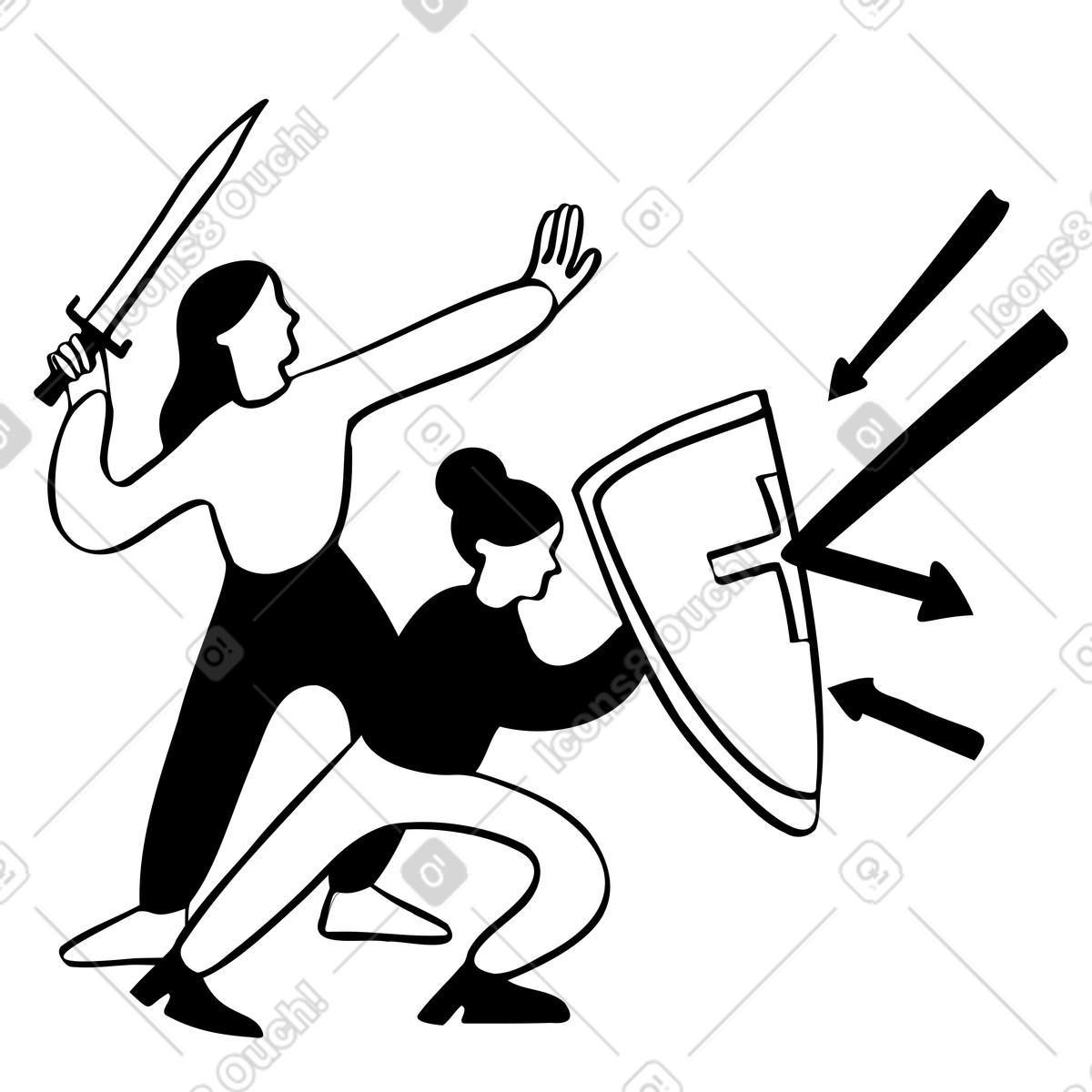 People blocking attack with shield and sword, information security data protection metaphor illustration in Journal style download in PNG, SVG