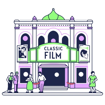 A 1930s movie theater stands prominently at the corner of a bustling street. The facade features ornate architectural details, with arched windows and decorative cornices. Above the entrance, a glowing marquee displays the title of a classic film in bold lights. Flanking the marquee are two vintage-style posters, one on each side, showcasing scenes from the movie. People in period-appropriate attire, including men in suits and women in dresses with cloche hats, gather in front of the theater, eagerly discussing the film. The theater's entrance is adorned with red velvet ropes, welcoming patrons into the dimly lit interior.