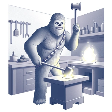 A large figure resembling "Chewbacca" is engaged in the process of forging metal. He stands in a traditional blacksmith workshop, surrounded by various tools and equipment. The forge glows in the background, radiating heat and light. He is holding a hammer high above his head, poised to strike a glowing piece of metal on an anvil. The anvil is positioned on a sturdy wooden table, and there are sparks flying from the metal as it makes contact with the hammer. The walls of the workshop are lined with hanging tools, and there are piles of coal and other materials scattered around.