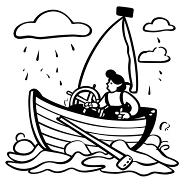 A goblin sailor with pointed ears and rugged clothing is gripping a worn wooden steering wheel of a small, rickety boat. The boat is rocking on turbulent waves, with foamy white caps splashing against its sides. Dark clouds loom overhead, and streaks of rain can be seen falling around. The goblin is squinting into the distance, with a torn sail flapping wildly behind him. Several ominous waves rise up around the boat, illustrating the intensity of the stormy sea.