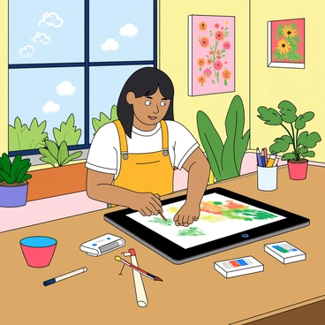 A young Chinese girl with medium skin tone and straight black hair, wearing a stylish white t-shirt and colorful overalls. She is sitting at a large, sleek wooden table, focused on her digital art tablet. The tablet is vibrant and displaying a colorful artwork in progress. Around her are various art supplies, including paintbrushes, markers, and sketchbooks. The workspace is well-lit with large windows, showcasing colorful decorations and plants. The walls are adorned with bright art prints, creating a lively and inspiring atmosphere.