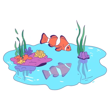 A vibrant orange clownfish is swimming gracefully in a lagoon. The water is crystal clear, allowing for detailed visibility of the fish's fins and body as it moves. The surface of the lagoon reflects like a mirror, creating a perfect symmetry with soft ripples occasionally disturbing the reflection. Around the clownfish, there are patches of colorful coral and aquatic plants swaying gently with the current, adding to the lively underwater scene.