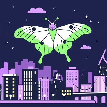A giant death's-head hawkmoth is soaring gracefully above a nighttime cityscape. The moth's wings are fully extended, displaying intricate patterns. Below, the city is illuminated with lights from buildings and streetlamps. Skyscrapers reach towards the sky, their windows aglow. In the distance, the silhouette of a bridge can be seen, while small clouds drift across the starry night sky. The scene captures the contrast between the natural elegance of the moth and the bustling urban landscape beneath it.