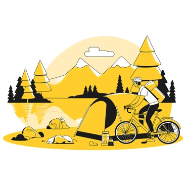 A cyclist wearing a helmet and a backpack is setting up a small tent beside a lake. The bicycle, with a frame that stands out in the scene, is parked near the tent. In the foreground, there are camping supplies such as a rolled sleeping bag and a cooking stove. The surface of the lake reflects the surrounding trees and mountains in black-and-yellow illustration. A few scattered rocks are present near the water's edge, and the sky above is clear, adding to the peaceful atmosphere.