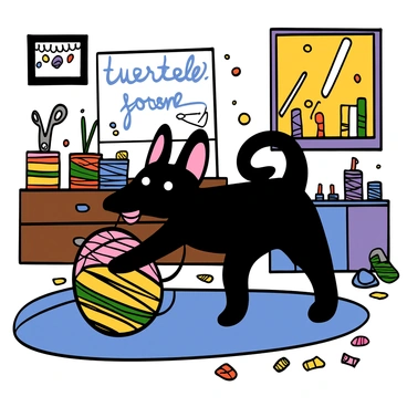 A black dog with a shiny coat and bright eyes is playfully tugging on a large ball of colorful yarn in a craft room. The dog's ears are perked up, and its tail is wagging energetically. The craft room is filled with various crafting supplies, including spools of thread in vibrant colors, scissors, and pieces of fabric scattered about. Sunlight streams through the window, illuminating the cheerful atmosphere of the space. The floor is covered with a soft rug that adds to the cozy environment.
