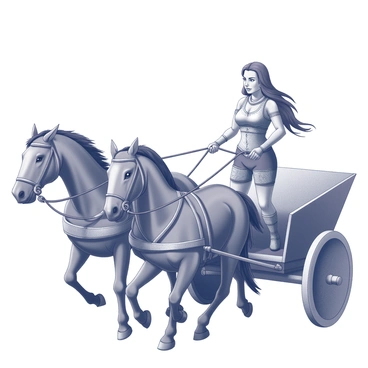 A woman with long flowing hair stands fiercely atop a chariot, gripping the reins tightly. She wears a warrior's tunic, adorned with intricate patterns, and a breastplate that reflects her strength. Her determined expression shows resolve and courage as she gazes forward, ready for battle. The chariot is pulled by two powerful horses, their muscles tensed in anticipation. The background features a hint of a rolling landscape, suggesting an impending clash.