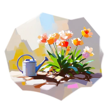 A garden scene featuring a patch of singed flowers showing signs of damage after a heatwave. The flowers, once vibrant, have wilted edges and faded colors, primarily in shades of brown and yellow. Surrounding the damaged flowers, healthy greenery contrasts sharply, including lush green leaves and thriving plants. The soil appears dry and cracked in some areas, indicating the impact of extreme heat. A few watering cans are placed nearby, hinting at attempts to revive the garden. The sunlight casts soft shadows across the scene, adding depth to the composition.