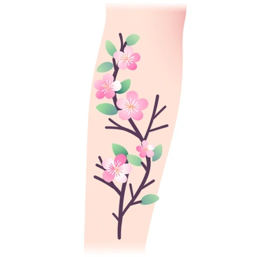 A forearm is shown with a tattoo featuring delicate cherry blossoms. The blossoms are in soft pink shades with intricate details, including white highlights on the petals. The branches are thin and dark brown, gracefully curving around the forearm. Some leaves in light green are interspersed among the blossoms. The skin tone of the forearm is light, providing a contrasting backdrop to the vibrant colors of the tattoo. The overall composition emphasizes the elegance and beauty of the cherry blossom design.