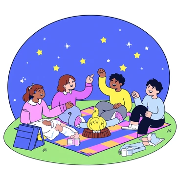 An INFP person with medium-length brown hair, wearing a cozy sweater, is lying on a colorful blanket spread across the grass. They are surrounded by friends who are sitting comfortably, laughing and looking up at the night sky. The group is pointing towards various constellations, with bright stars twinkling above them. Nearby, a small campfire emits a warm glow, and a few camping gear items are scattered around, including a backpack and mugs. The atmosphere is relaxed and joyful, with the soft sound of night adding to the scene.