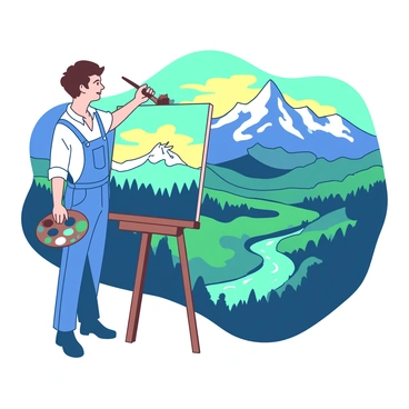 An artist stands on a hilltop viewpoint, holding a brush in one hand and a palette in the other. The artist has short brown hair and is dressed in a white shirt and blue overalls. In front of the artist is an easel with a canvas displaying a partially completed painting of a majestic mountain landscape. The mountains are towering with snow-capped peaks, and the sky is depicted in shades of yellow and teal, suggesting a sunset. Below the hilltop, a lush green valley is visible, dotted with trees and a winding river reflecting the colors of the sky. The scene captures the artist's focus and dedication to capturing the beauty of the landscape.