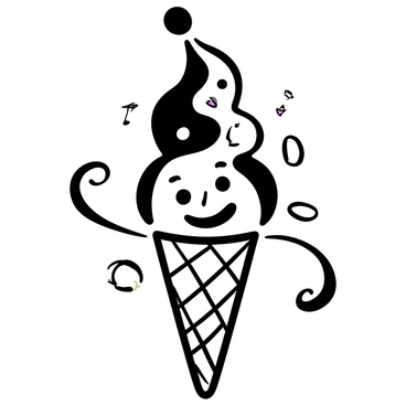 An ice cream cone with a swirl of different flavors forming a shape that resembles a joker's face. The cone is detailed with a textured pattern, and the ice cream is topped with exaggerated features like a large, dramatic smile made of chocolate syrup, and colorful sprinkles scattered across. The background features playful, abstract shapes to enhance the whimsical nature of the ice cream cone.