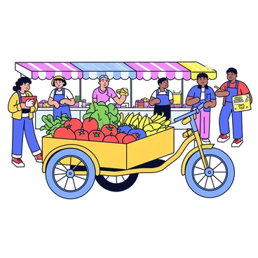 A cargo tricycle laden with fresh produce at a bustling farmer's market