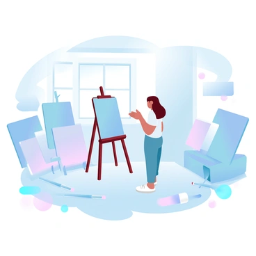 An artist stands in a well-lit studio surrounded by multiple illustration boards of different sizes. The artist is examining a large board that is placed upright on an easel. Nearby, there are smaller boards stacked against the wall, showcasing various textures and colors. Scattered around the studio are art supplies, including brushes and paint tubes. In the background, a window lets in natural light, illuminating the workspace filled with creativity and experimentation.