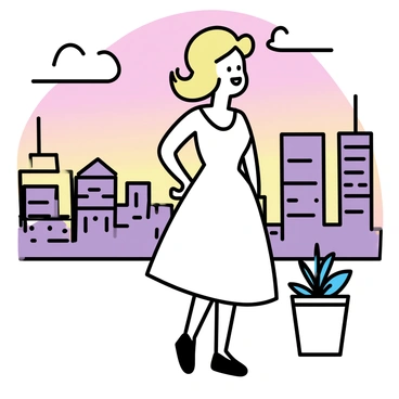 A woman resembling "Marilyn Monroe" stands on a "rooftop" overlooking a vast "city skyline." She has "platinum blonde" hair styled in loose curls and wears a classic "white dress" that billows gently in the breeze. The "sky" is painted in hues of "orange and purple," indicating sunset. The "buildings" in the skyline vary in height and design, with some featuring "glass facades" reflecting the colors of the sky. In the foreground, a "small potted plant" sits next to her, adding a touch of greenery to the scene.