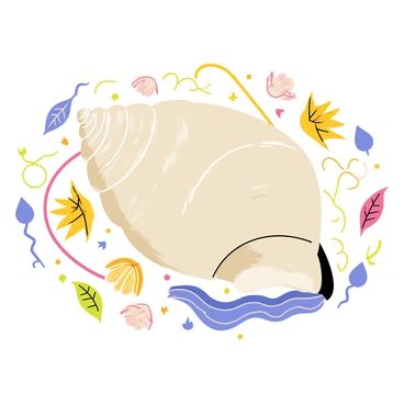 A large conch shell with a smooth, spiraled surface is positioned at the center of the image. The shell has intricate designs etched along its exterior, featuring geometric patterns and cultural motifs. Surrounding the conch are vibrant, abstract shapes in various colors, creating a tapestry-like background. The tapestry includes swirling lines and smaller shells that complement the central conch. Additional elements such as leaves and ocean waves are intertwined with the patterns, enhancing the cultural significance of the conch shell.