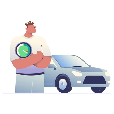 A person with short brown hair is standing next to a sleek, silver car. The car has a modern design with smooth curves and shiny surfaces. Both the person and the car have large, circular dials prominently displayed on their sides. The dial on the person's arm shows a green zone indicating high energy efficiency, with the needle pointing towards the maximum. The car's dial is situated on its front fender, and it also features a green zone, similarly showing excellent energy efficiency, with the needle positioned high. The background is unobtrusive, allowing the focus to remain on the person and the car, both showcasing their efficiency prominently.