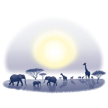 A wide-open savannah landscape under a dramatic sunset. The sky is filled with a gradient of light fading towards the horizon. Silhouettes of various animals are positioned throughout the scene, including a group of elephants walking in a line, a solitary giraffe with its long neck stretched toward the sky, and a few clusters of antelope grazing. The ground is sparse with tufts of grass and the occasional acacia tree punctuating the landscape. The overall scene captures the essence of a vibrant savannah at dusk.
