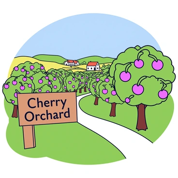 A vintage travel poster featuring a cherry orchard with lush green trees filled with bright pink blossoms. The orchard is set against a clear blue sky, creating a vibrant atmosphere. In the foreground, a wooden sign with the words "Cherry Orchard" is prominently displayed. A winding path leads through the orchard, inviting visitors to explore the rows of cherry trees. In the distance, rolling hills and a quaint farmhouse can be seen, completing the scenic landscape.