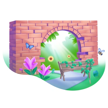 A crumbling brick wall with various shades of red and brown bricks visible. There is a noticeable gap in the wall that reveals an old hidden garden behind it. The garden features lush green foliage, vibrant flowers in shades of pink and yellow, and a few scattered sunflowers. Sunlight filters through the leaves, casting dappled shadows on the ground. A stone pathway winds through the garden, leading to a vintage wooden bench partially covered in vines. Butterfly and bee elements can be seen fluttering around the flowers.