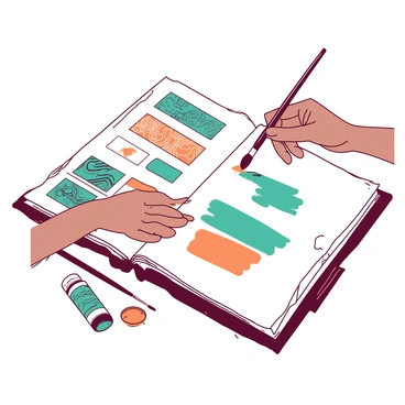 A close-up view of an artist's hands as they carefully paint on a white canvas. The artist is using a brush with vibrant colors, and there are visible strokes of teal and orange on the canvas. Nearby, a wooden portfolio is open, displaying a collection of traditional illustrations. The illustrations feature intricate designs, showcasing the artist's skills. There are paint tubes and brushes scattered around, adding to the artist's workspace. The background is softly blurred to keep the focus on the artist and their creations.
