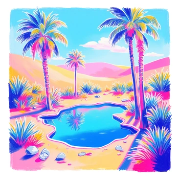 A desert oasis features several tall palm trees with lush green fronds swaying gently. In the center of the scene, there is a clear blue pond reflecting the bright sky above. Soft sand surrounds the pond, creating a warm contrast to the cool blue water. Small patches of vibrant green grass border the pond, adding a touch of color to the golden sandy landscape. A few scattered rocks provide texture and interest to the scene.
