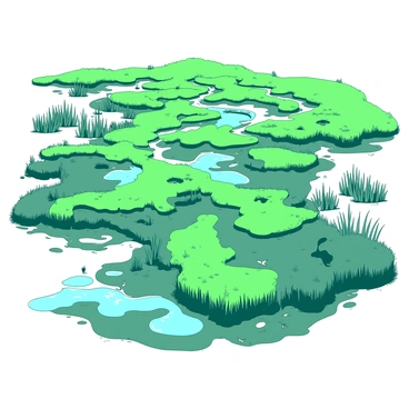 An aerial view showcases a large, sprawling wetland characterized by winding rivulets and a variety of ponds scattered throughout the landscape. The wetland is filled with lush greenery, including tall grasses and clusters of aquatic plants. The water in the ponds reflects the sky, creating shimmering surfaces that contrast with the darker shades of the wetland floor. Small patches of mud and earth can be seen along the banks of the rivulets, adding texture to the scene. Birds can be spotted in the distance, either perched near the water or gliding above.