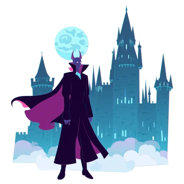 A dark silhouette of Nosferatu with elongated features and pointed ears stands prominently. His cloak billows in an unseen wind, creating a dramatic effect. In the background, a towering gothic castle looms with intricate spires and arched windows, shrouded in shadow. The moonlight casts eerie reflections on the castle’s stone walls, enhancing the ominous atmosphere. Wisps of fog crawl along the ground, adding depth to the scene.