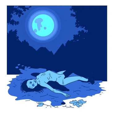 A blue moon is casting a soft glow over a dark, tranquil landscape. In the foreground, a figure is lying on the ground, showing clear signs of decomposition. The surrounding area is illuminated gently by the moonlight, highlighting the textures and details of the environment. Shadows stretch across the terrain, creating a stark contrast against the illuminated body. Nearby, there are scattered leaves and twigs, partially illuminated by the glow of the moon, adding depth to the scene.