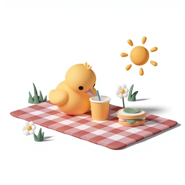 A small yellow chick, with fluffy feathers, sits on a red and white checkered blanket spread out on the grass. The chick is pecking at a tiny sandwich, which is neatly made with soft bread and a slice of lettuce sticking out. Beside the sandwich is a small cup filled with orange juice, with a tiny straw poking out. The sun shines brightly overhead, casting soft shadows on the blanket while a few daisies and blades of grass surround the scene.