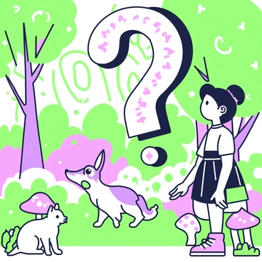A character, a young girl with pigtails, is standing in a vibrant forest filled with large, whimsical trees and oversized flowers. She is looking up at a giant, floating question mark that hovers above her head, the question mark appears playful and ornate. Surrounding her are curious woodland animals, including a rabbit and a fox, who watch her with wide eyes. The ground is covered with bright green grass and colorful mushrooms scattered around. The sunlight filters through the tree leaves, creating a warm and inviting atmosphere in the illustration.