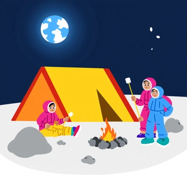 A group of three children is setting up a colorful tent on the gray, rocky surface of the moon. The tent is bright yellow with red stripes, contrasting against the lunar landscape. Nearby, two of the children gather around a small campfire, with orange and yellow flames crackling. One child is holding a long stick with a marshmallow at the end, while the other watches in excitement. The earth is visible in the dark sky above, providing a vivid blue and white backdrop to the scene. The children are wearing space suits in vibrant colors, contributing to the playful atmosphere.
