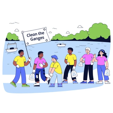 An illustration depicting a scene of cleaning the Ganges River. A group of volunteers is actively collecting litter along the riverbank. Each volunteer is wearing a bright-colored shirt, equipped with gloves and trash bags. The river flows gently, with clear water reflecting the sunlight. In the background, there are lush green trees lining the river, and a few small boats are floating on the water. "Clean the Ganges" is written on a banner held by one of the volunteers.