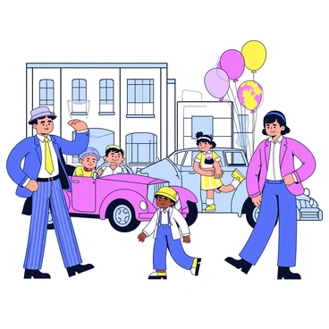 A lively cartoon scene depicting characters from the 1920s. There are three figures: a man wearing a pinstripe suit and a fedora, a woman in a flapper dress with a feather headband, and a child with suspenders and a newsboy cap. They are standing on a busy street filled with vintage cars, including an old-fashioned convertible. In the background, there are buildings featuring art deco architecture, with large windows and decorative motifs. Balloons in bright colors float above, adding to the cheerful atmosphere.