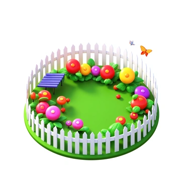 A colorful garden filled with a variety of blooming flowers in vibrant colors such as red, yellow, pink, and purple. The garden is bordered by a white picket fence, which encloses the area and signifies the limits of a personal sanctuary. Lush green grass fills the ground, and a few butterflies can be seen fluttering around the flowers. In one corner, there is a small wooden bench, inviting someone to sit and enjoy the tranquility of the space. The sky above is clear, allowing sunlight to illuminate the garden beautifully.