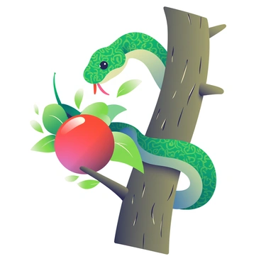 A green snake with intricate patterns is coiled around a thick, gnarled tree branch. The snake's body glistens in the light, showcasing its vibrant scales. Its forked tongue flicks out as it carefully eyes a shiny, red forbidden fruit hanging just within reach. The fruit is nestled among lush, green leaves, its surface reflecting the surrounding light. The tree branch is sturdy, with rough bark and small, scattered twigs, adding to the natural setting.
