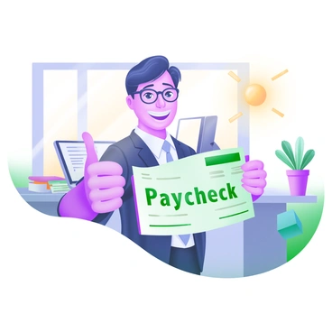 A modern pastel illustration depicting a smiling employee holding their paycheck with a thumbs-up gesture. The employee is wearing a professional outfit, with short hair and glasses. They are standing in a bright office environment, with a desk in the background that contains a computer, some paperwork, and a potted plant. Sunlight streams through a window, casting a warm glow on the scene. The paycheck displays the words "Paycheck" in bold, clearly visible letters.