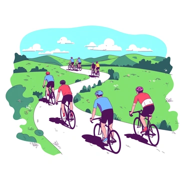A group of cyclists is moving swiftly along a winding path that traverses a plateau. The path is bordered by patches of green grass and scattered wildflowers. In the background, there are expansive views of rolling hills under a clear sky. The cyclists are dressed in colorful jerseys, with helmets securely fastened. Some cyclists are in the foreground, while others are further down the path, creating a sense of depth. The sunlight casts soft shadows on the ground, enhancing the vibrant colors of the scene.